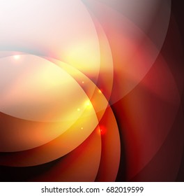 Overlapping circles on glowing abstract background with shining light effects, magic style design template