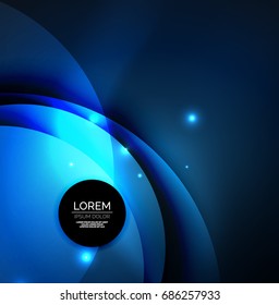 Overlapping circles on glowing abstract background with shining light effects, blue magic style design template