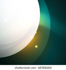 Overlapping circles on glowing abstract background with shining light effects, magic style design template