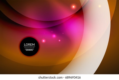 Overlapping circles on glowing abstract background with shining light effects, magic style design template