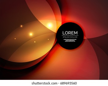 Overlapping circles on glowing abstract background with shining light effects, magic style design template