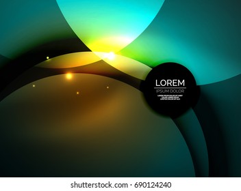 Overlapping circles on glowing abstract background with shining light effects, magic style design template