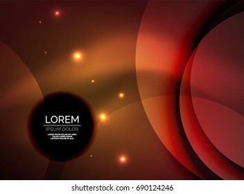 Overlapping circles on glowing abstract background with shining light effects, magic style design template