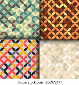 Overlapping circles. Seamless geometric background of correct form. Set of four vector patterns. Added shadow in edges. Can be used for wallpaper or greeting cards. Retro colors