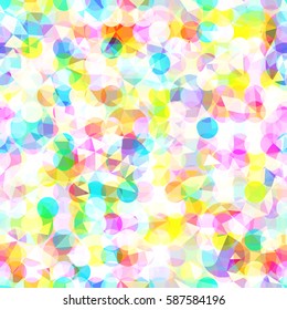 Overlapping circles and triangles. Abstract seamless texture. Light rainbow vector background for fabric, wrapping paper