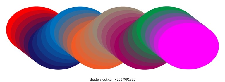 Overlapping circles in varying sizes and bright different colors. Working with statistics and information. Multicolored crossed circles. Flat vector collection, eps10 55