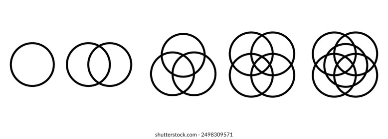 overlapping circles vector drawing, version with three to seven objects, also interlocked rounds style. Overlapping geometric shapes. Vector illustration. Eps file 10.