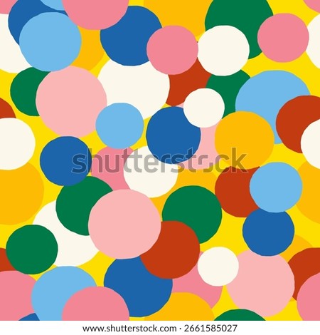 Overlapping colorful circle confetti seamless pattern on yellow background, festive vector design