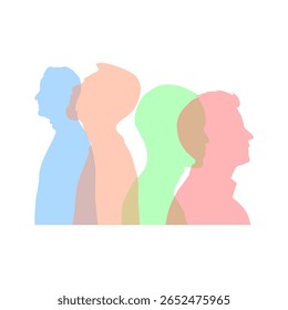 Sobreposição de Silhuetas de Cabeça Masculina Coloridas em Perfil, Diversidade e Gerações. Uma ilustração impressionante com várias silhuetas sobrepostas na cabeça do homem de perfil.