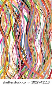 Overlapping colorful stripes pattern, made up of jumbled, wavy lines