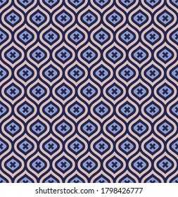 overlapping dark, blue, beige rounded shapes and cruciform shapes are gathered in groups and lined up in rows to form a beautiful elegant seamless pattern. vector