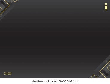 Overlapping dark grey squares accented with gold lines and small dots create a modern, elegant corner design.