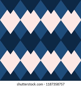 Overlapping diamond shapes, geometric seamless vector pattern. Modified, modern Argyle, muted pastel pink with medium acid blue and navy. Trendy. Textiles, men's fashion, socks, sweaters, paper goods.