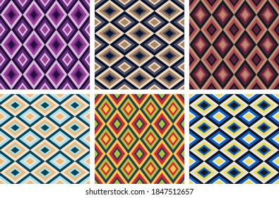 overlapping diamonds of different sizes are arranged in rows. vector set of six geometric seamless patterns in various colors.