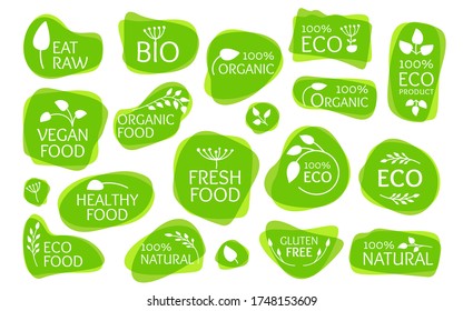 Overlapping eco label, logo with leaves. Overprint emblem for organic natural product. Bio, gluten free, eat raw, vegan fresh, healthy food. Sign for badge, tag, packaging Isolated vector illustration