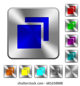 Overlapping elements engraved icons on rounded square glossy steel buttons
