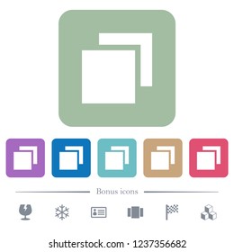 Overlapping elements white flat icons on color rounded square backgrounds. 6 bonus icons included