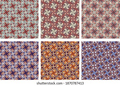 overlapping gently curved rounded polygons are grouped and arranged in rows. vector set of six variegated seamless patterns.