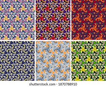 overlapping gently curved rounded polygons are grouped and arranged in rows. vector set of six indian seamless patterns.