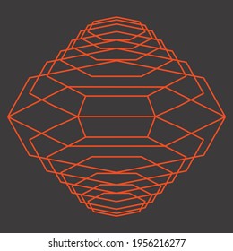 Overlapping geometric outline shapes create a futuristic 3d pattern in orange on a grey-brown background
