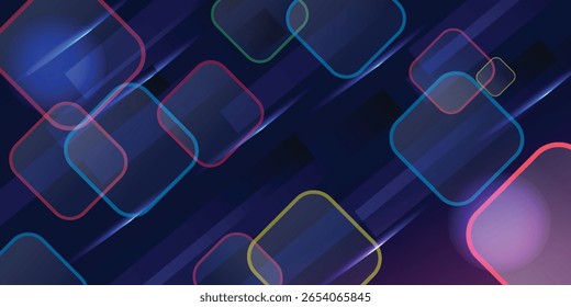 Overlapping geometric shapes with rounded corners, featuring vibrant colors and gradients. The design includes lines and light effects.