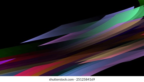 overlapping geometric shapes in various colors, set against a deep black background