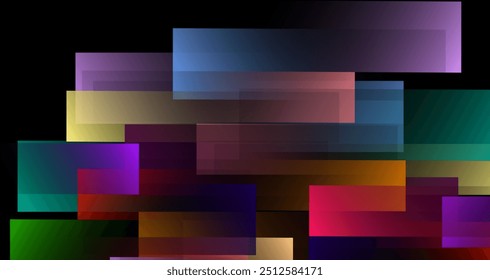 overlapping geometric shapes in various colors, set against a deep black background