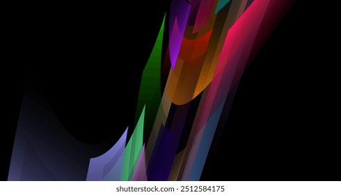 overlapping geometric shapes in various colors, set against a deep black background