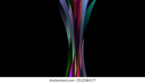 overlapping geometric shapes in various colors, set against a deep black background