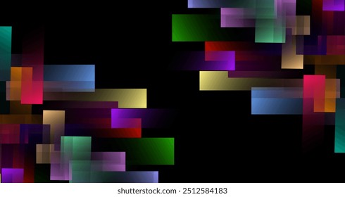 overlapping geometric shapes in various colors, set against a deep black background