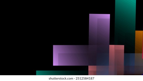 overlapping geometric shapes in various colors, set against a deep black background