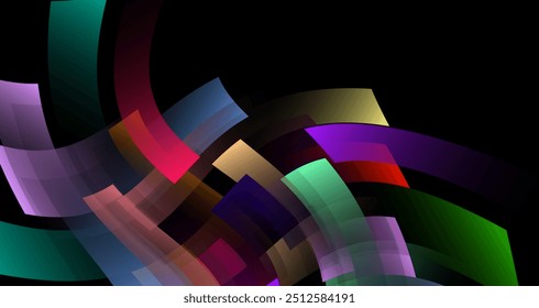Formas geométricas superpuestas en varios colores, sobre un fondo negro profundo