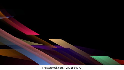 overlapping geometric shapes in various colors, set against a deep black background
