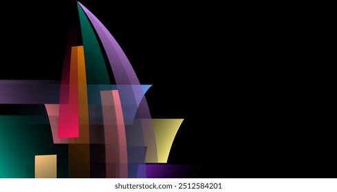 overlapping geometric shapes in various colors, set against a deep black background