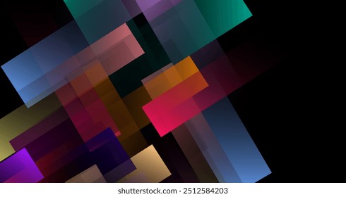overlapping geometric shapes in various colors, set against a deep black background