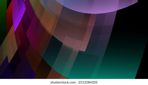 Formas geométricas superpuestas en varios colores, sobre un fondo negro profundo