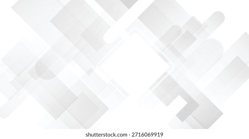 Overlapping geometric shapes in white and gray tones create a modern and clean abstract background, featuring squares, rectangles, and rounded elements with subtle transparency and gradients,