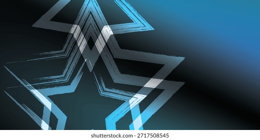 Formas de estrellas geométricas superpuestas con un luminoso resplandor azul y blanco sobre un fondo oscuro y degradado.