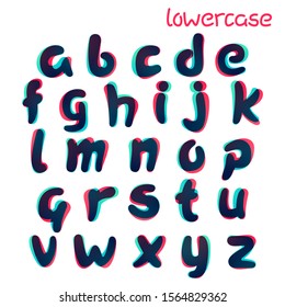 Overlapping gradient lowercase alphabet. Curve rounded font. Vibrant glossy colors.