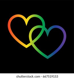 overlapping gradient rainbow hearts on black