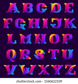 Overlapping gradients alphabet design idea. Slab serif font for labels, headlines, posters, cards etc.