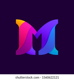Overlapping gradients letter M logo design idea. Slab serif font for labels, headlines, posters, cards etc.