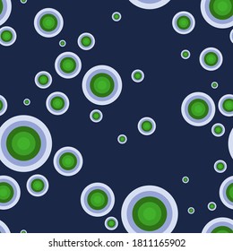 círculos grises, azules, verdes de diferentes tamaños, agrupados y dispuestos al azar sobre un fondo azul oscuro. patrón geométrico sin costuras. vector