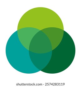 Overlapping green circles. Circular vector shapes. Monochromatic color palette. Abstract geometry illustration.