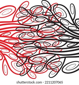 Overlapping, interlocking curvy elements, creating modern, interwoven black red pattern