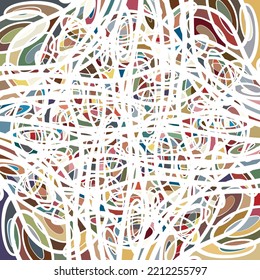 Overlapping, interlocking curvy elements, creating modern, interwoven multi color pattern