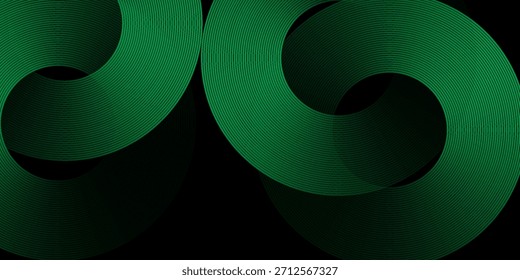 Überlappende Schichten aus einem schwarz-grünen abstrakten Hintergrund auf einem dunklen Raum mit einer Kreis-Effekt-Dekoration. Ein modernes Banner mit gestreiftem Stil. Das gestreifte Konzept ist ein grafisches Gestaltungselement .

