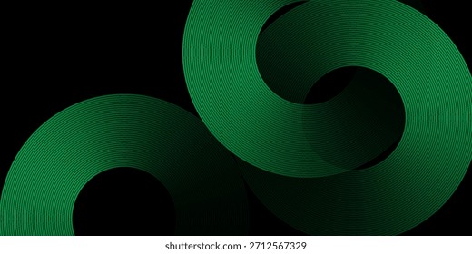 Overlapping layers of a black and green abstract background on a dark space with a circle effect decoration. A modern banner with a striped style. The striped concept is a graphic design element .

