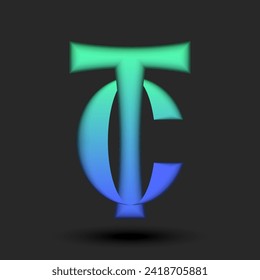 Overlapping letters TC or CT initials logo, calligraphy monogram with two letters C or T logo, vibrant green and blue gradient with shadows, intersecting shapes creative identity design.