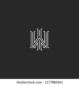 Overlapping letters WI logo monogram, linear initials IW simple wedding emblem, trident shape symbol